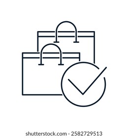 Shopping bags, tick. Successful shopping concept. Vector linear icon isolated on white background.