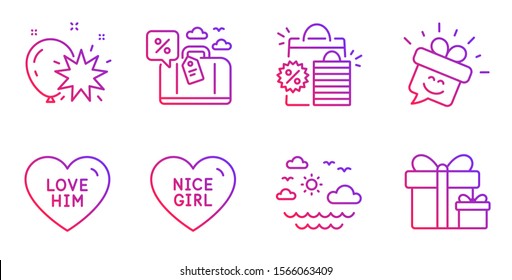 Shopping bags, Travel sea and Balloon dart line icons set. Nice girl, Smile and Travel loan signs. Love him, Surprise package symbols. Sale discount, Summer holidays. Holidays set. Vector