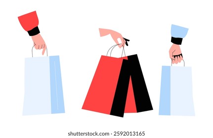 Shopping Bags in Various Colors Held by Different Hands in Flat Vector Illustration Symbolizing Retail, Consumerism, and Shopping Culture, Isolated on White Background.