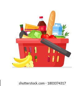 Shopping bags. Vector illustration of supermarket shopping basket with fresh grocery products. Grocery store. Plastic red package with natural food, organic fruits, vegetables, milk, water for retail