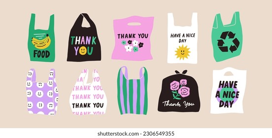 Montaje de ilustraciones vectoriales de bolsas de compras. Paquete elegante con flores brillantes, sonrisas. Gracias y tener un buen diseño de día. Perfecto para publicaciones en medios sociales, tarjetas y afiches. Todos los elementos están aislados.