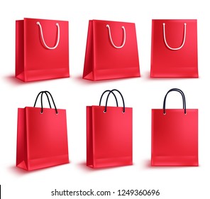 Shopping bags vector set. Red sale empty paper bags collection for fashion shopping design elements isolated in white. Vector illustration.
