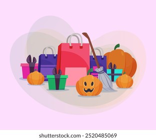 Shopping bags, witches broom and pumpkins on abstract background. Halloween banner design. Celebration, holiday, shopping, sale concept. Vector illustration for flyer or poster