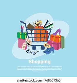 Shopping Baner Concept With Trolley Cart Clothes Retail Store Commerce Flat Vector Illustration