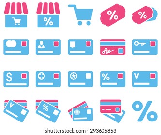 Shopping and bank card icon set. These flat bicolor icons use %icon_colors%. Images are isolated on a white background. Angles are rounded.