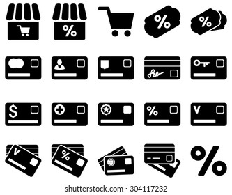 Shopping and bank card icon set. These flat icons use black color. Images are isolated on a white background. Angles are rounded.