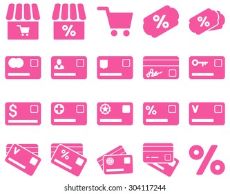 Shopping and bank card icon set. These flat icons use pink color. Images are isolated on a white background. Angles are rounded.