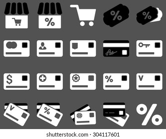 Shopping and bank card icon set. These flat bicolor icons use black and white colors. Images are isolated on a gray background. Angles are rounded.