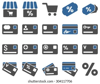 Shopping and bank card icon set. These flat bicolor icons use cobalt and gray colors. Images are isolated on a white background. Angles are rounded.