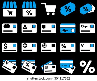 Shopping and bank card icon set. These flat bicolor icons use blue and white colors. Images are isolated on a black background. Angles are rounded.