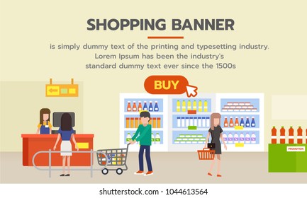 Shopping banner with buy button for shopping online. People shopping in supermarket and buying products from grocery store. Vector illustration