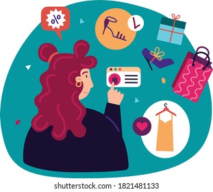 Shopping banner. Discont and sale concept. Goog for mobile app templates. Vector illustration with  happy girl in a shopping cart. Minimal abstract fllat design