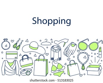 Shopping banner doodle vector illustration. Sport tools drawing. Icons line art set