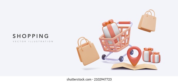 Shopping banner with location store, cart, gifts, market bags in 3d realistic style. Vector illustration - Shutterstock ID 2102947723