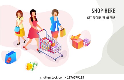 Shopping banner or poster design with exclusive discount offers, isometric illustration of girls character with multiple shopping equipments on abstract background.