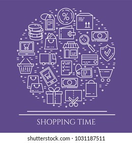 Shopping banner with thin line elements of commerce and delivery theme collected in form of round. Vector illustration of isolated outline icons with editable stroke.