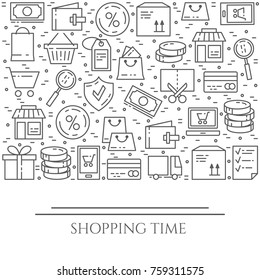 Shopping banner with thin line elements of commerce and delivery theme collected in form of horizontal rectangle. Vector illustration of isolated outline icons with editable stroke.