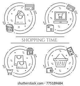 Shopping banner with thin line elements of commerce and delivery theme in circles. Vector illustration of isolated outline icons in black and white colors.