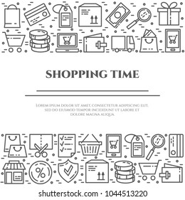 Shopping banner with two horizontal rectangles of line icons with editable stroke. Different elements for promotion or advertisements flyer, card in minimalistic style. Vector illustration.