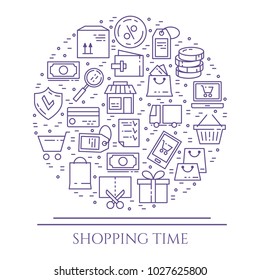 Shopping banner with violet thin line elements of commerce and product delivery theme collected in form of circle. Vector illustration of isolated outline icons with editable stroke.
