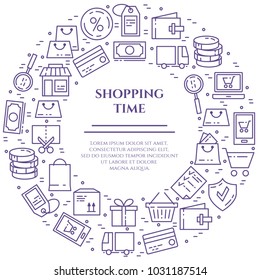 Shopping banner with violet thin line elements of commerce and product delivery theme collected in form of circle. Vector illustration of isolated outline icons with editable stroke.