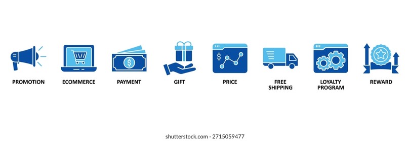 Conjunto de iconos de Web de Anuncio de compras en estilo azul Ilustración vectorial foricon de promoción, comercio electrónico, pago, regalo, Precio, envío gratis, lealtad, recompensa