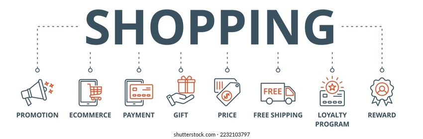 Shopping banner web icon vector illustration concept with icon of promotion, ecommerce, payment, gift, price, free shipping, loyalty, reward