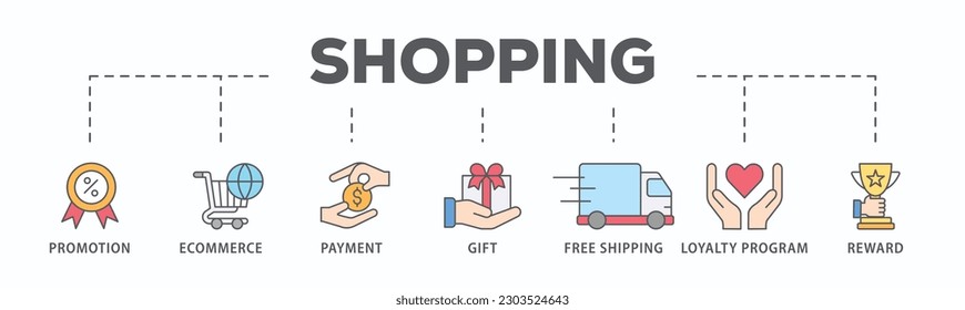 Banner de compras icono de la web concepto de ilustración vector con icono de promoción, ecommerce, pago, regalo, precio, envío gratuito, fidelidad, recompensa
