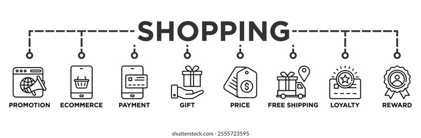 Shopping banner web icon vector illustration concept with icon of promotion, ecommerce, payment, gift, price, free shipping, loyalty, reward	