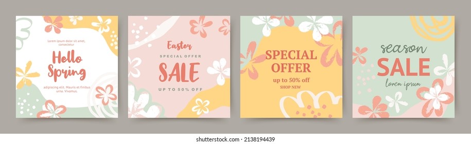 Shopping Banners Design. Spring Season Social Media Post Templates. Green Pink Yellow Flower Background. Vector Illustration For Web Banners, Mobile App, Internet Ads, Sale Promotion 