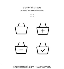 Shopping bascet simple line icon set vector illustration. Editable stroke. 48x48 Pixel Perfect. Contains icons : add to basket, remove from basket.
