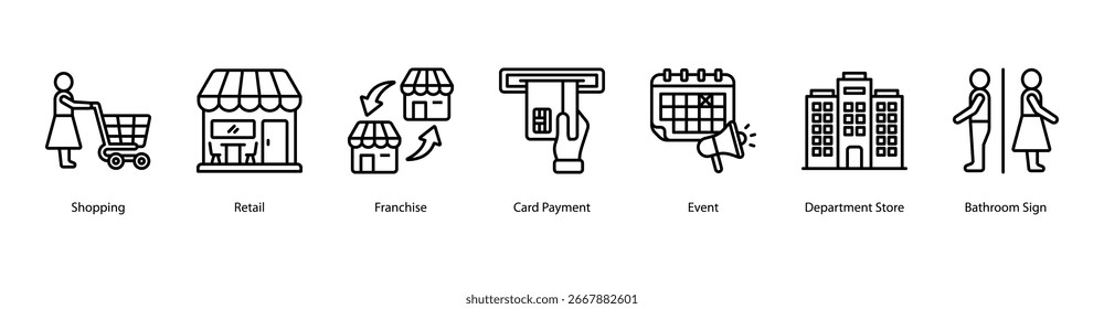 Ilustração de vetor de banner da web com Compras, Varejo, Franquia, Pagamento de Cartão, Evento, Loja de Departamentos e Sinal de Banheiro.