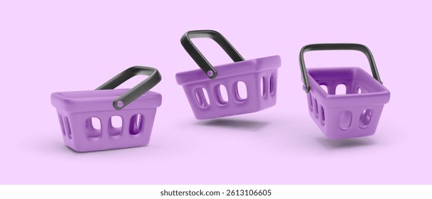 Shopping Basket 3D Icon Set In Purple With Black Handles. Modern Render For E-Commerce, Market Apps, And UI Elements. Clean And Minimal Style For Web Use. Vector Illustration.