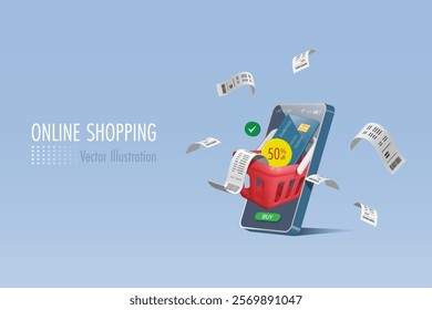 Shopping basket with 50% sale on credit card in smartphone app. Finance marketing, money spending on credit card for online shopping, E commerce technology, shopping advertisement. 3D vector.