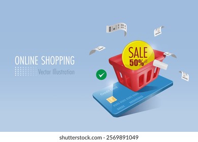 Shopping basket with 50% sale on credit card. Financial marketing, money spending on credit card for online shopping, E commerce promotion. 3D vector.