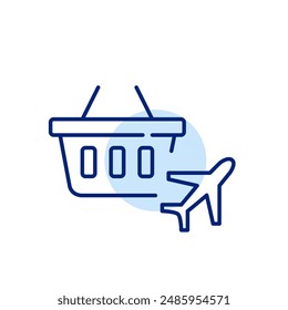 Shopping basket and airplane. Travel packages, vacation shopping and duty free airport stores. Pixel perfect, editable stroke icon