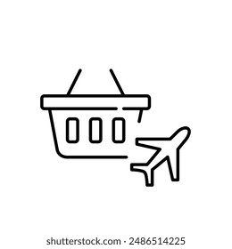 Shopping basket and airplane. Travel packages, vacation shopping and duty free airport stores. Pixel perfect vector icon