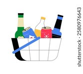 Shopping Basket With Alcoholic Beverages In Flat Vector Illustration Symbolizing Retail Purchase, Liquor Store Shopping, And Beverage Selection, Isolated On White Background