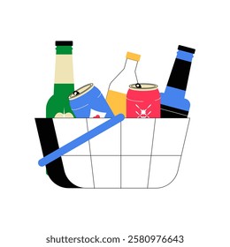 Shopping Basket With Alcoholic Beverages In Flat Vector Illustration Symbolizing Retail Purchase, Liquor Store Shopping, And Beverage Selection, Isolated On White Background