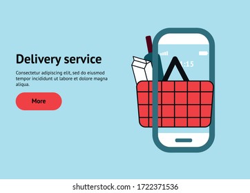 Shopping basket app delivery food service. Vector illustration. 