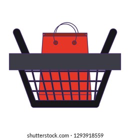 shopping basket with bag inside symbol blue lines