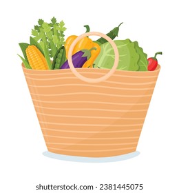 Shopping basket bag. No waste, reusable grocery eco bag with vegetables and fruits flat vector illustration. Zero waste shopping basket bag