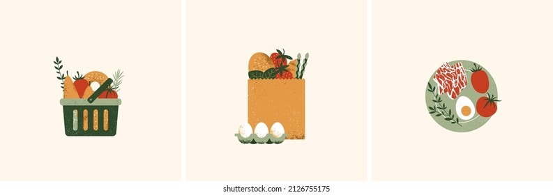 Shopping basket, bag and plate. Natural food. Organic groceries. Vector illustration.