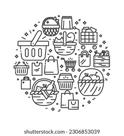 Shopping Basket and Bag Sign Round Design Template Black Thin Line Icon Banner. Vector illustration of Bags