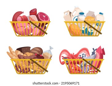 Shopping basket. Bags and packages with groceries organic healthy food vegetables meat and fruits exact vector cartoon grocery market cart illustrations