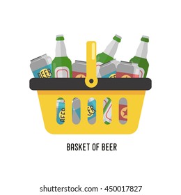 Shopping basket with beer. Beer in cans and glass bottles. Flat vector illustration