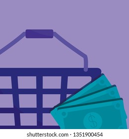 shopping basket with bills dollars