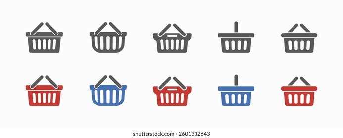 Shopping basket black and color icon set isolated on white background. Simple modern linear online shop or supermarket symbol. Vector illustration
