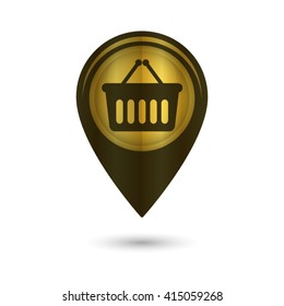 shopping basket - black vector icon;  golden map pointer