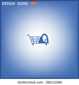 Shopping basket with cabin for children. icon. vector. Flat design style.